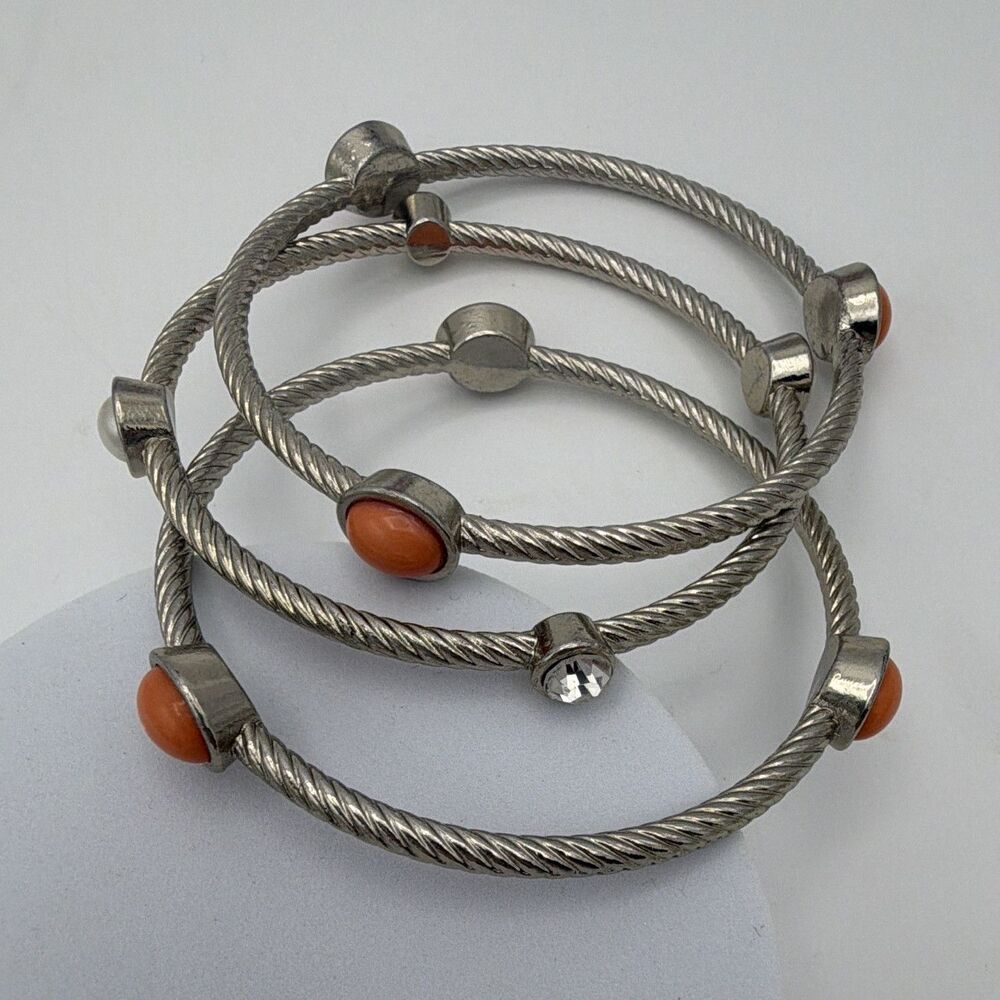 Silver Tone Twisted Wire Cable Stackable Bangle Set of 3 Orange Cabochons